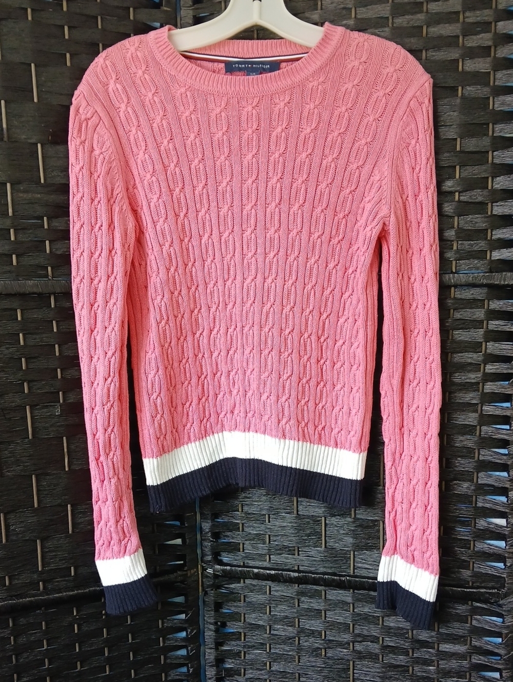 Tommy Hilfiger Pink Cable-Knit Crewneck with Navy White Trim